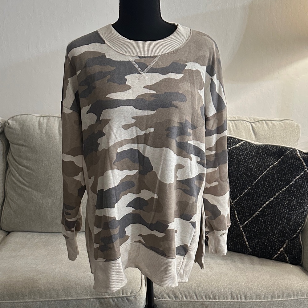 Aerie Oversized Tunic Sweatshirt Tan & Gray Camouflage